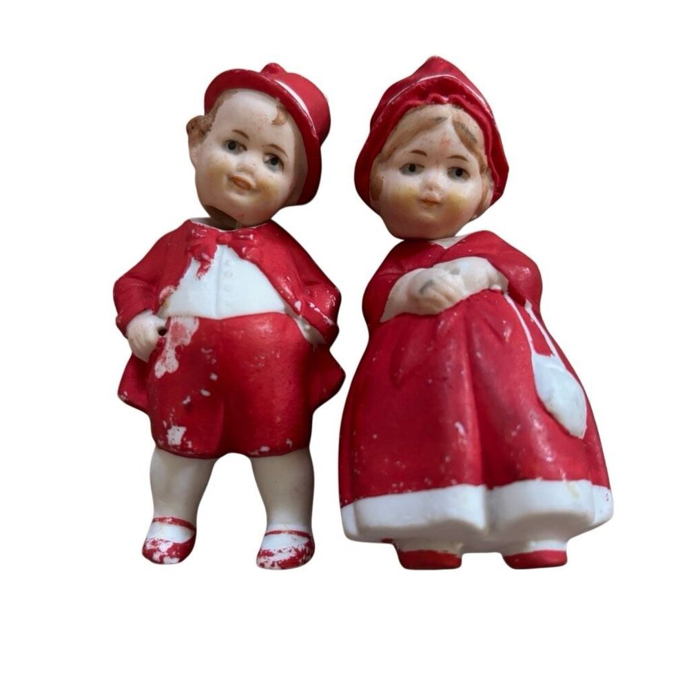 Vintage German Bisque Nodder Dolls Boy & Girl Pair Antique Bobblehead 1920s Red